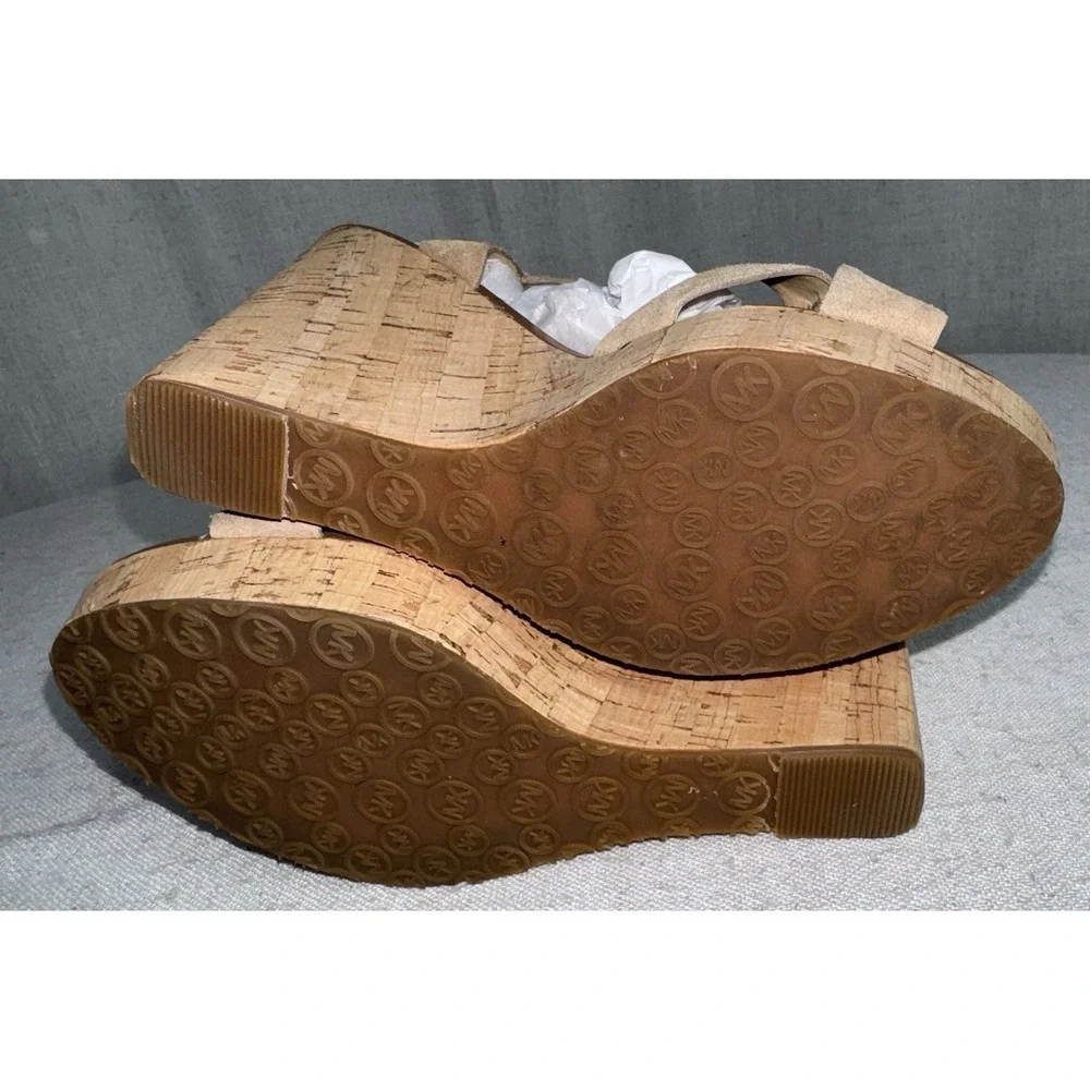 Michael Kors‎ MK Women's Sz 9 Suede Leather Cork Wedge Heels Sandals Tan Taupe